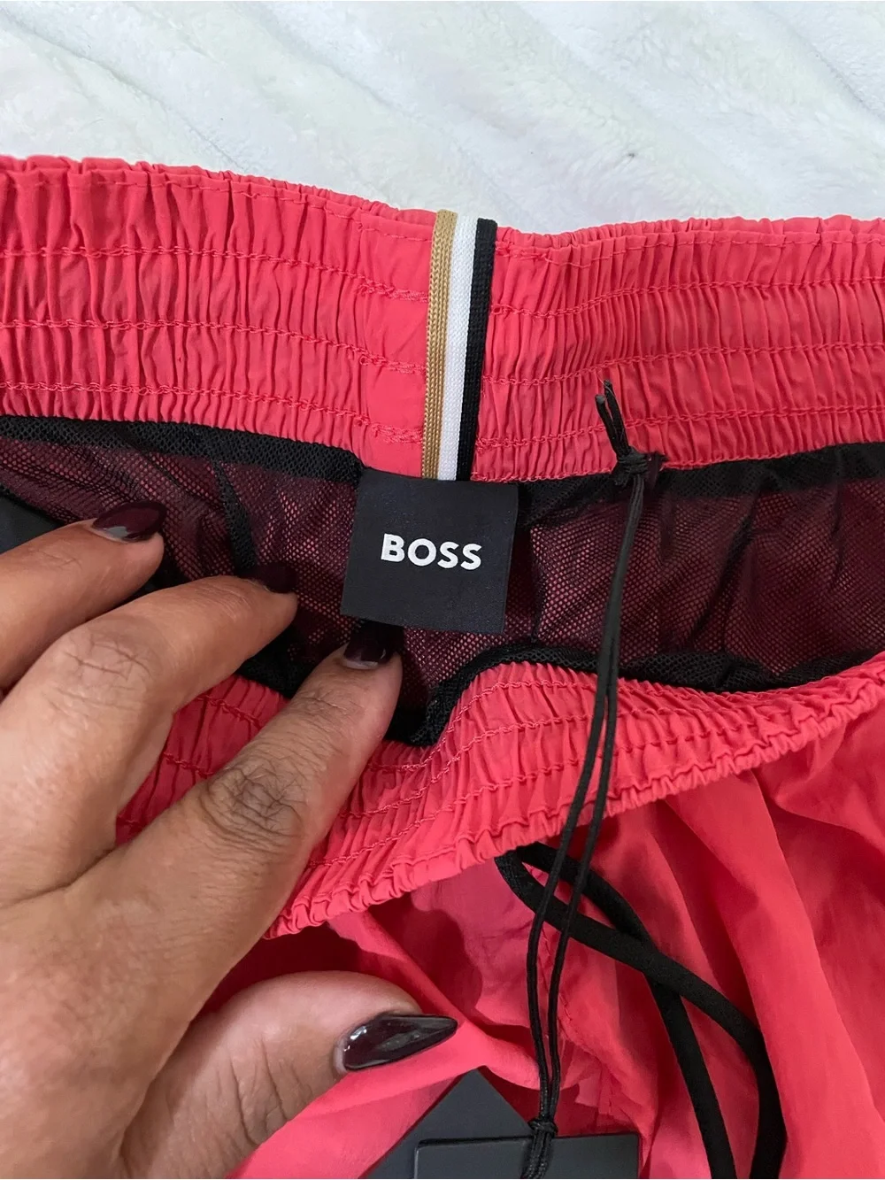 BOSS Men's Coral-Red Swim Trunks with Drawstring